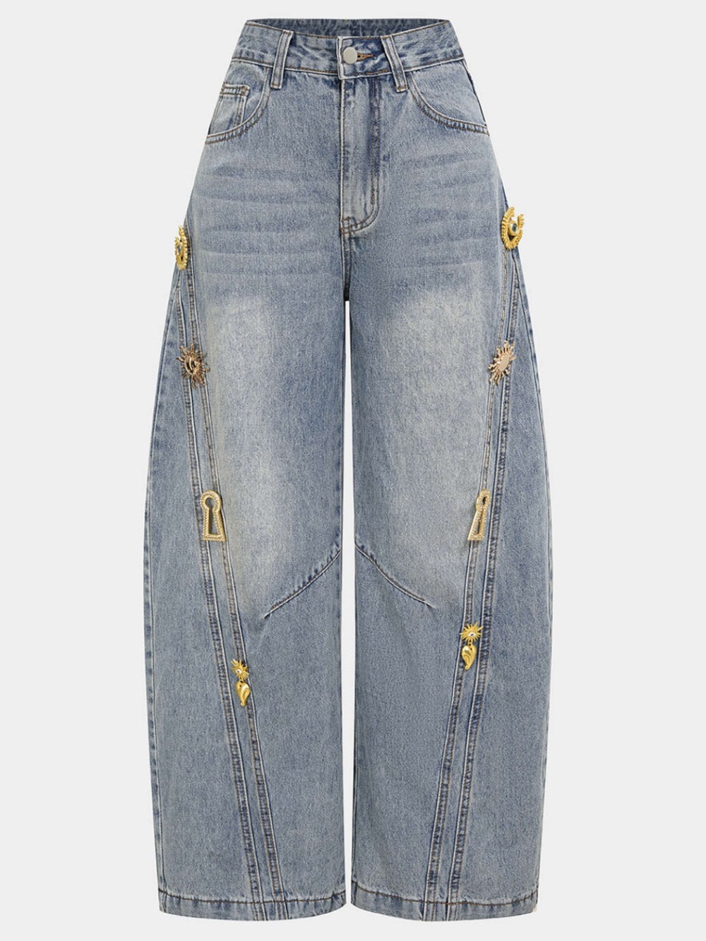 High-Rise Light Blue Wide-Leg Jeans with Gold Charm Accents